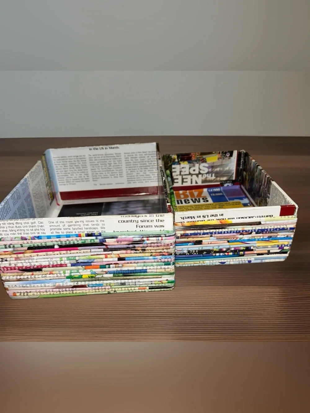 2 Recycled Newspaper Magazine Baskets Storage Bins Eco Friendly Folk Art